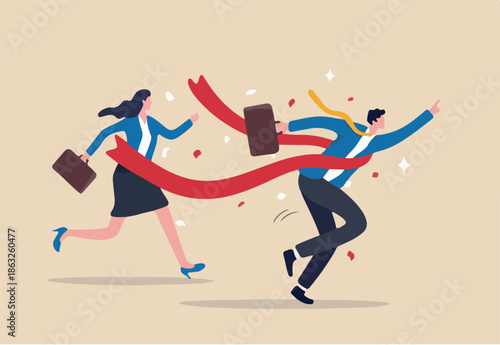 Finish line winner, business competition success victory, race goal or achievement, fast speed or strength leader, motivation to win opportunity concept, businessman champion winner race finish line