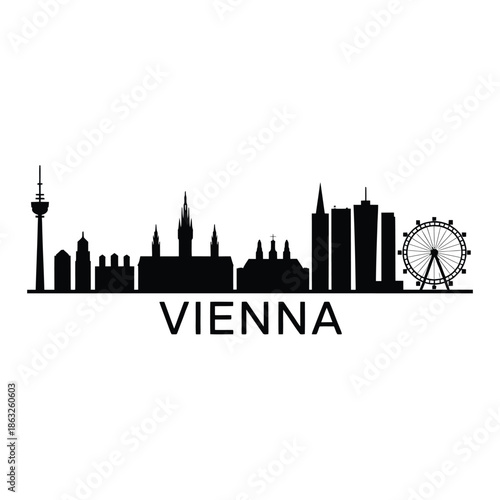 Black silhouette of vienna city skyline with famous landmarks and ferris wheel