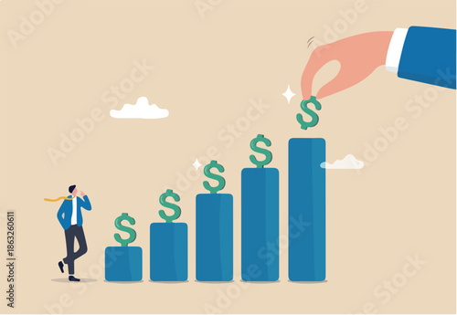 Investment dividends growth, increase profit and earning, passive income from stock market return, saving interest rate, capital gain concept, businessman put dollar sign on financial growth chart. 