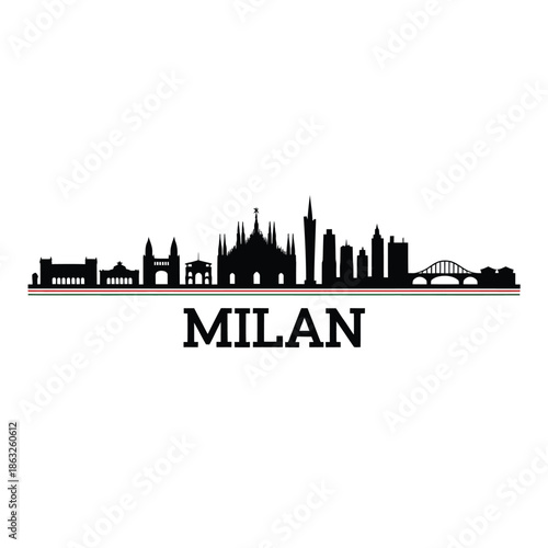 Milan city skyline silhouette with famous buildings and landmarks in black