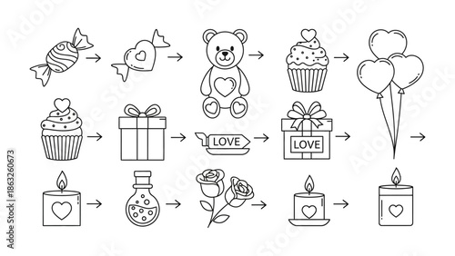Valentine's Day Line Icons: A collection of charming line icons celebrating the spirit of Valentine's Day. Featuring a delightful array of symbols representing love, romance, and affection.