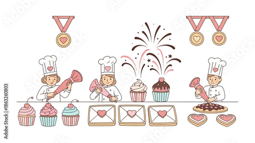 Sweet Bakery Excellence: An illustration capturing the meticulous work of culinary artists, crafting delightful sweets and celebratory treats with precision and flair.