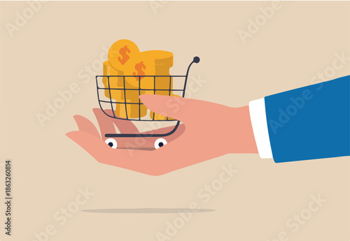 Bargain business deal for buyer and seller, best price shopping, stock for investor or consumer and marketing concept, dollar gold coins in shopping cart or trolley in businessman hand