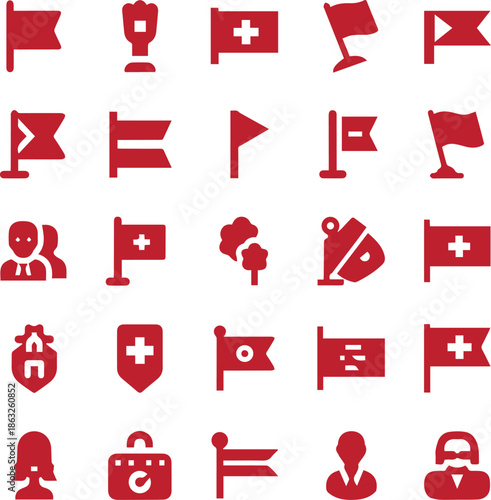 A professional collection of red vector web icons and flat design elements featuring communication symbols like buttons, arrows, and phones for modern internet business and mobile website design