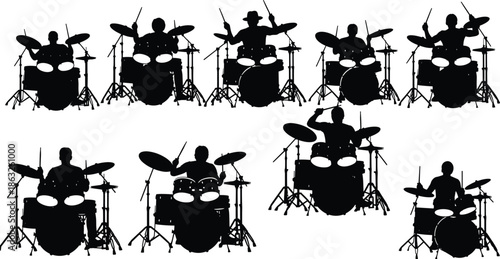 Drummer silhouette pose set showing percussion performance, drum kit action, rhythm, music energy, concert scenes, and professional musician movement