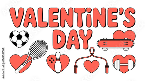 Love and Leisure: A vibrant illustration celebrating Valentine's Day with heart-shaped icons representing sports, symbolizing love and leisure activities. 