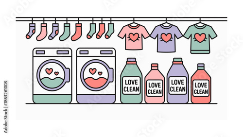 Laundry Love: An illustration capturing the charm of washing day, showcasing the essentials with a loving touch. Featuring washing machine and clothes with minimalist design and warm colors.