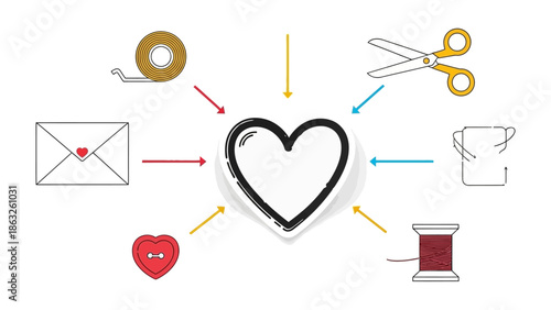 Crafting Love's Essentials: An artistic illustration displays various items surrounding a heart shape, evoking feelings of love and affection. Each item represents an element of care and creativity.