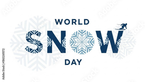 World snow day celebration with snowflakes and skier silhouette with winter