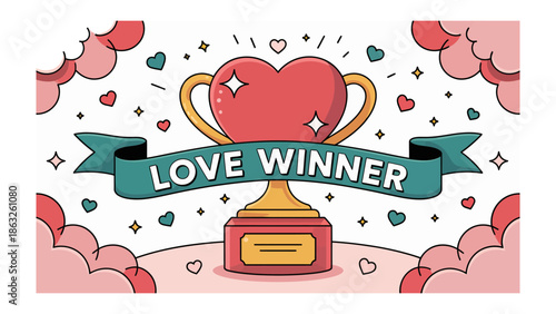 Love Winner Award: The image features a stylized trophy shaped like a heart, symbolizing the triumph of love. It is surrounded by hearts and clouds.
