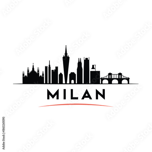 Milan city skyline silhouette with iconic buildings and bridge