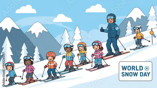 Group of diverse cartoon children and adult skiing together on snowy mountain slope with world snow day text