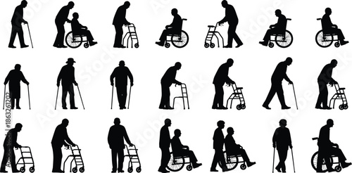 Elderly care silhouette collection showing seniors using walkers, wheelchairs, canes, assisted living, healthcare support, aging, and mobility aid activities
