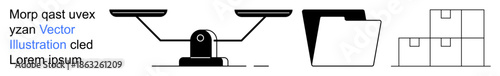 Business management, productivity, logistics, organization, balance, decision-making. Icon set of scales, a file folder and stacked boxes. Balance and productivity concepts visually