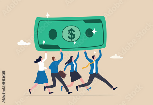 People carry money dollar banknote metaphor of capital, salary or income, wages to pay and purchase value, banking and investment, tax, economic and inflation concept