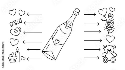 Champagne bottle for Valentine's Day: A linear illustration of a champagne bottle decorated with hearts alongside valentine's elements such as bear, flower.