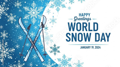 Crossed skis and snowflakes celebrating world snow day on january 19, 2024, winter sports and snowboarding