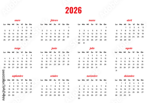 Vector simple calendar in red and black colors on a white background in Spanish for 2026