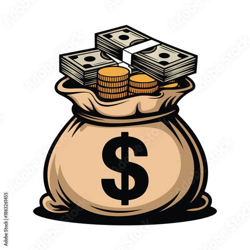 Money bag filled with cash and coins on white background