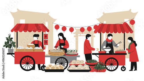 Simplified Chinese Lunar New Year Food Stalls with Vendors Against a Minimal Background