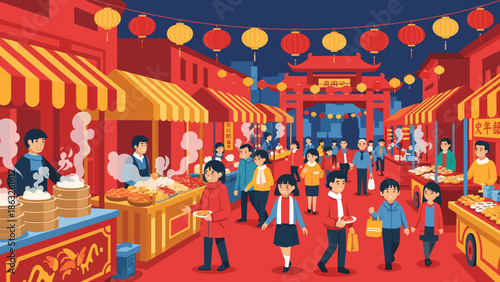 Wide Shot Illustration of a Chinese Lunar New Year Street Market with Archway and Festive Crowd