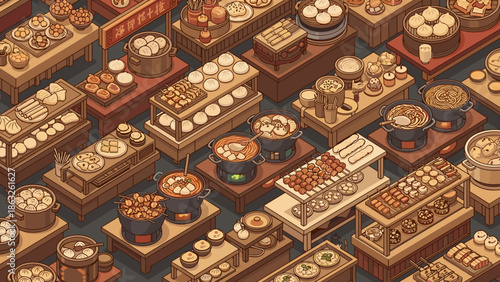 Extensive Isometric Top-Down View of a Chinese Lunar New Year Food Market with Many Dishes
