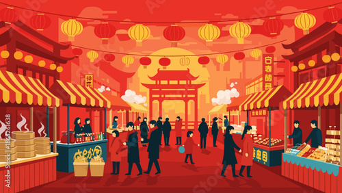 Vibrant Wide Shot Illustration of a Chinese Lunar New Year Street Market with Archway and Lanterns