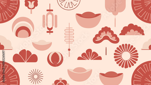 Elegant beige background with a harmonious array of traditional peach and red Chinese New Year symbols: ingots, fans, lanterns, and floral motifs, seamless.
