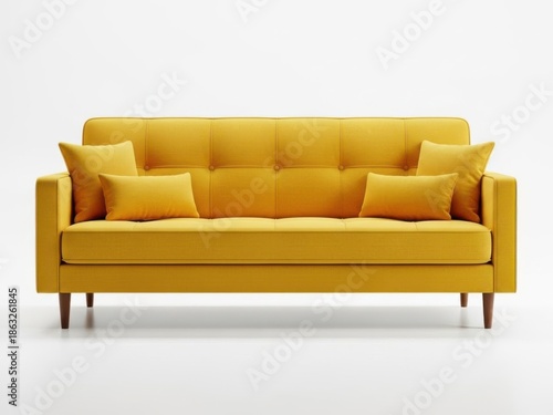 Bright yellow sofa with comfortable cushions isolated on white background