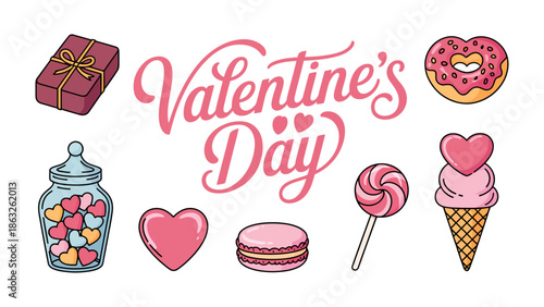 Sweetheart's Valentine Treats: A collection of delightful Valentine's Day treats, including heart-shaped candies, a tempting donut, and a beautiful gift.