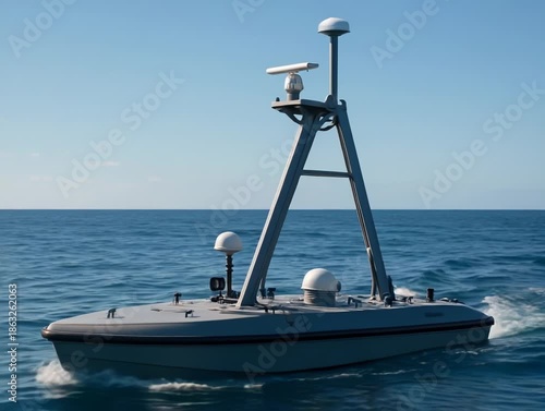 An advanced autonomous surface vessel navigates calm blue ocean waters. This modern unmanned boat features a mast with various sensors.