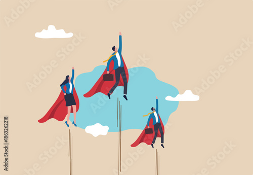 Professional people to help business success, teamwork or unity, super power to grow business fast, strength or team support concept, business people team members superhero flying high up in the sky.