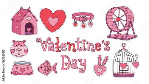 Valentine's Day Pet Illustration: A sweet illustration dedicated to pets, featuring a heart-shaped house, hearts, a collar, and more, all connected with the spirit of love and pets.