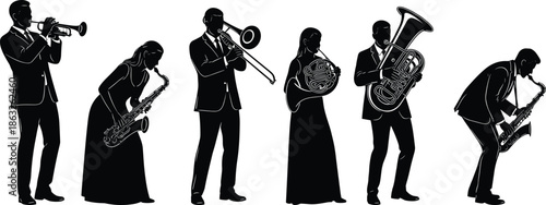 Jazz band silhouette illustration showing musicians playing brass instruments, live performance, classical concert, orchestra style, music ensemble, and artistic expression