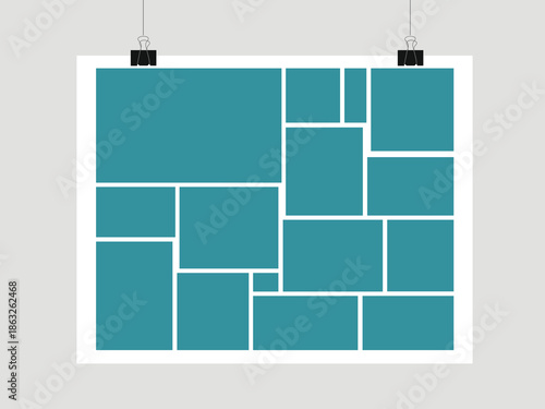 Teal color photo collage template hanging on wall with binder clips on paper