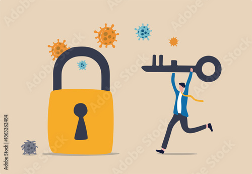 Unlock or reopen COVID-19 Coronavirus lockdown, restart business as usual to restore economic recession after Coronavirus crash concept, businessman leader holding key to unlock and reopen business.