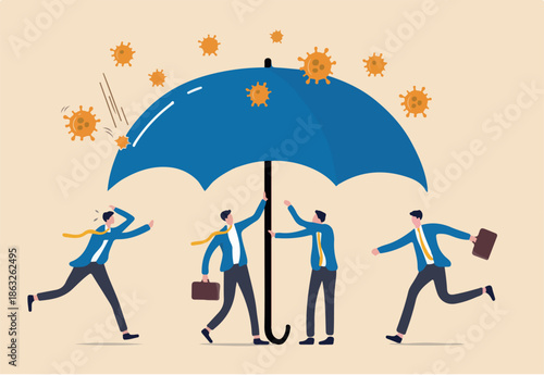 Coronavirus protection safe zone, COVID-19 insurance coverage or government policy to help business in Coronavirus crisis, businessmen people help to cover under umbrella to protect from Coronavirus.
