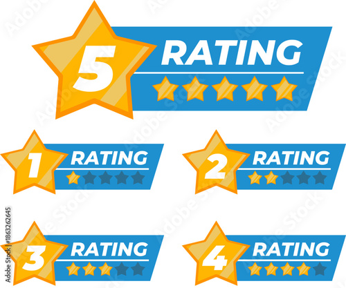 Five-star rating badges in blue and gold for customer comments and product reviews, one-to-five-star rating icons for service evaluation and app interfaces, 