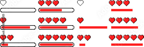 Pixel art health bars with red hearts for video game interfaces and retro game designs, life status indicators at different stages for arcade projects and mobile apps, 