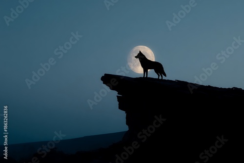 Wolf standing on cliff edge under full moon