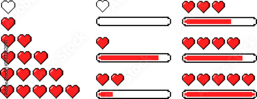 Pixel art style heart health bar collection for retro video games and arcade interfaces, Pixelated life status icons showing different energy levels for game development and UI resources,