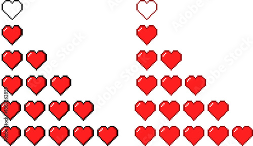 Pixelated heart icon steps with red and white outlines to indicate health status and game progress, 8-bit retro heart pyramid design for arcade user interface and mobile apps