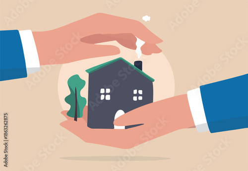 House insurance, real estate or property protection, home security concept, house in businessman palm with other hand cover to protect as insurance coverage