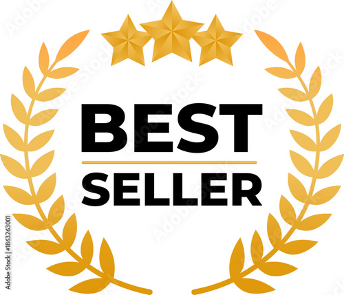 Sales success badge, with golden laurel wreath and stars, premium award emblem for retail products and marketing, high-quality sticker with gold elements on a white background
