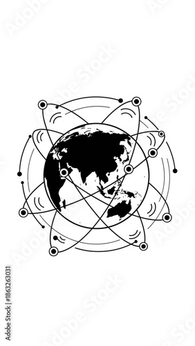 Black and white earth globe illustration.
