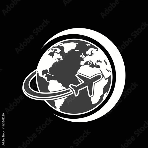 Airplane flying around the world globe.