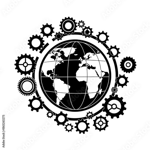 Black and white globe with gears.