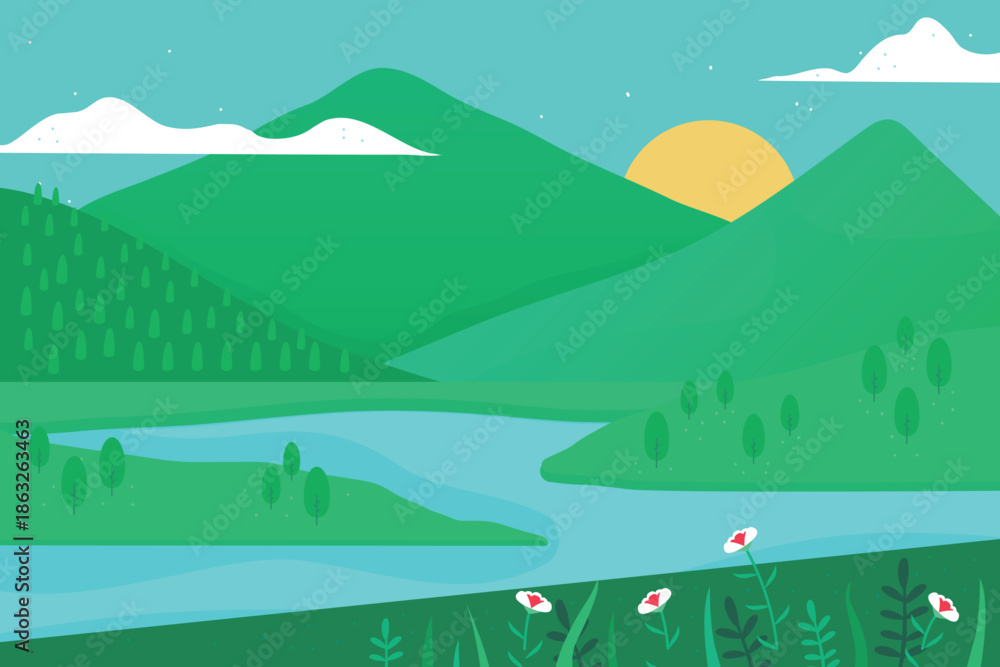 Obraz premium Green Mountain Valley with River and Sunrise Flat Illustration Fresh Green Landscape with River and Hills Peaceful Mountain Valley Nature Illustration Minimal Flat Nature Landscape with River 
