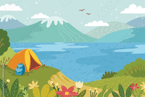 Camping Tent by Mountain Lake Flat Illustration
Outdoor Camping Scene Near Lake and Mountains
Nature Camping Landscape with Tent and Lake
Flat Vector Illustration of Mountain Lake Camping