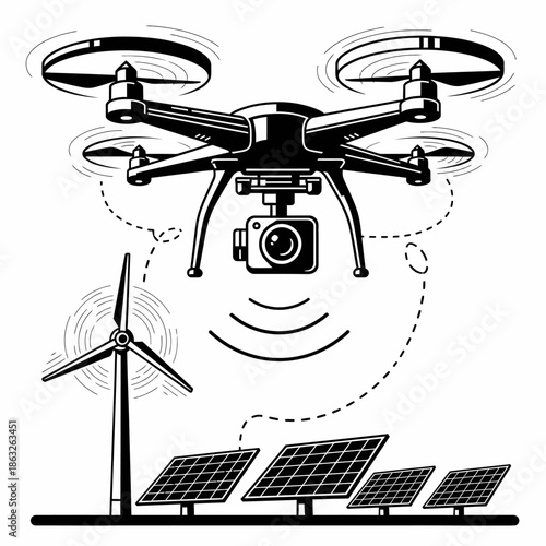 Drone flying over solar panels and wind turbine.